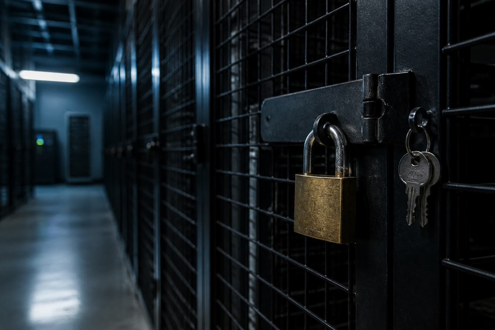 A close-up of a secure industrial wire-mesh cage door, fastened with a heavy brass padlock and featuring keys hanging from the frame in a dimly lit, cool-toned facility.
